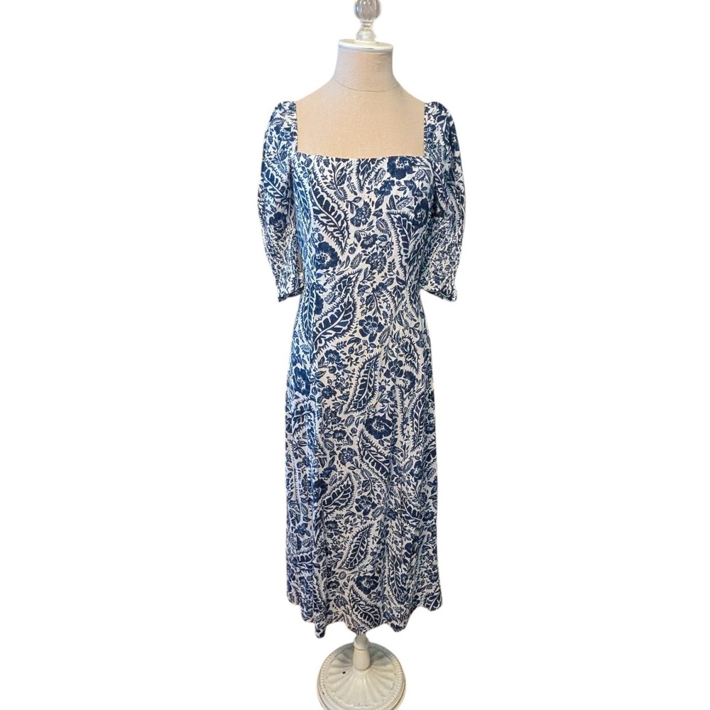 NWT Francesca's Blue Rain Paisley Floral Smocked Dress Puff Sleeve Boho Sz Small